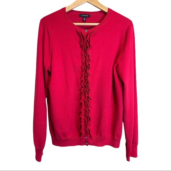 Lands End Ruffle Button Down Pink Cardigan Size Medium - Picture 1 of 4